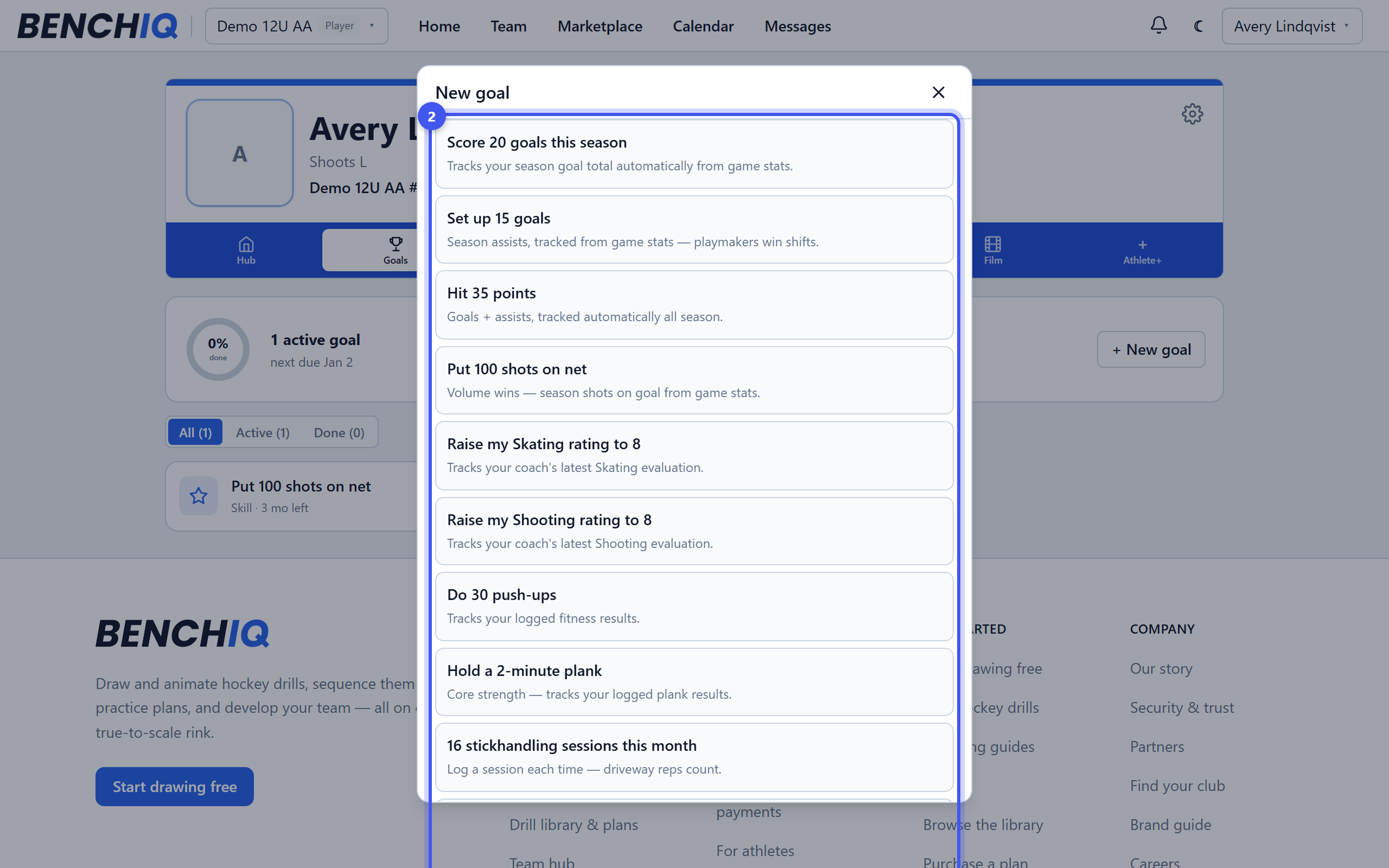 Create a goal — step 2: Start from a template