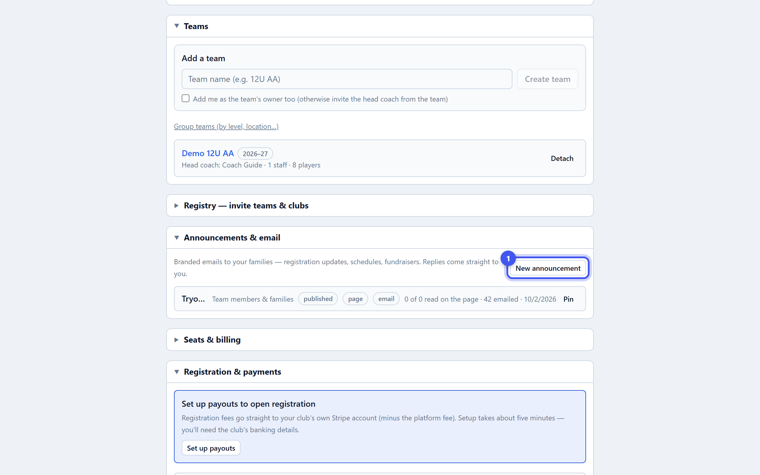 Send an announcement — step 1: Start one