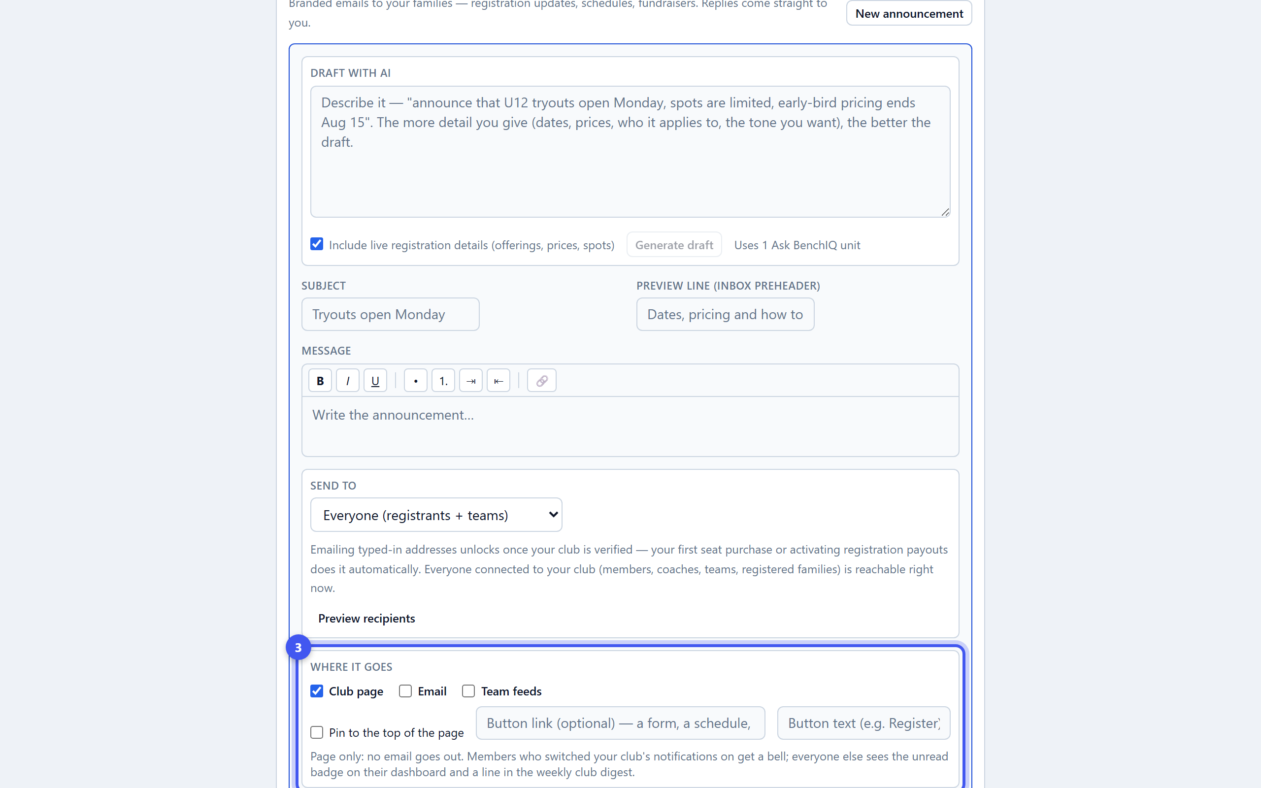 Send an announcement — step 3: Choose where it goes
