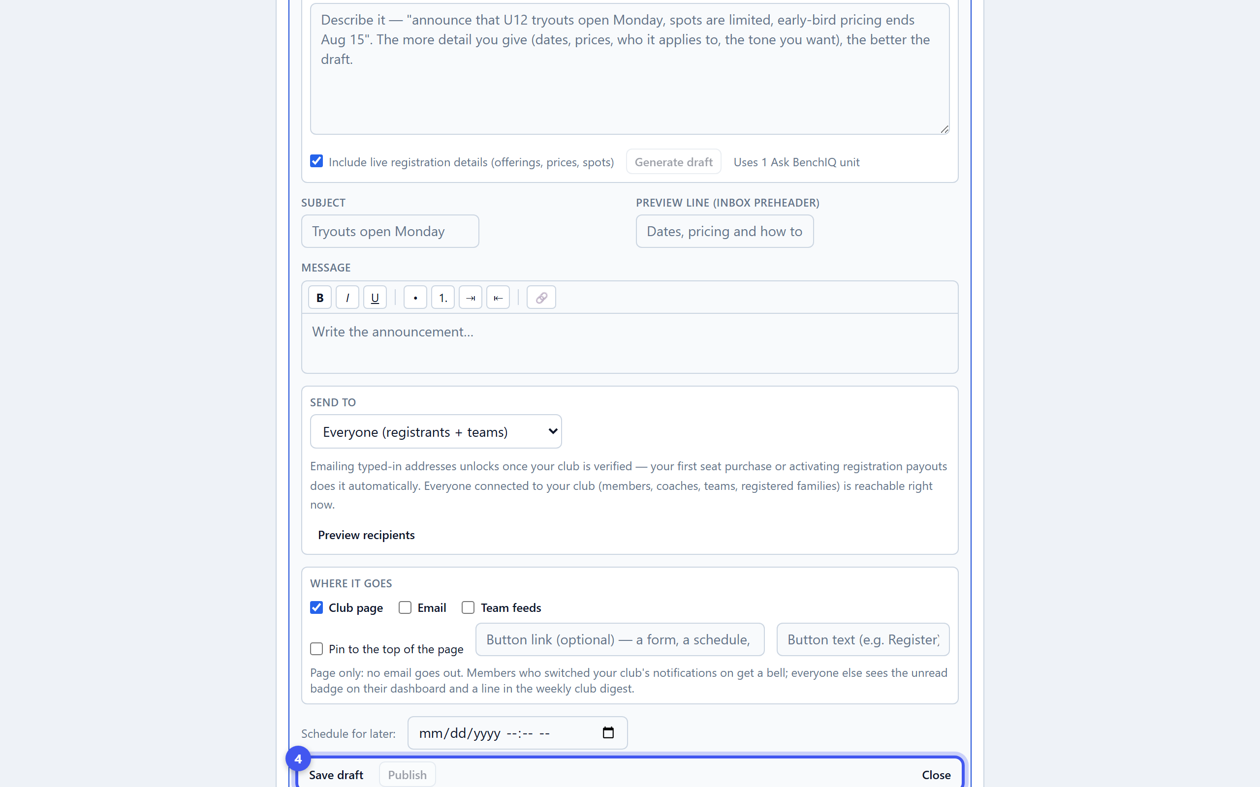 Send an announcement — step 4: Test, then send
