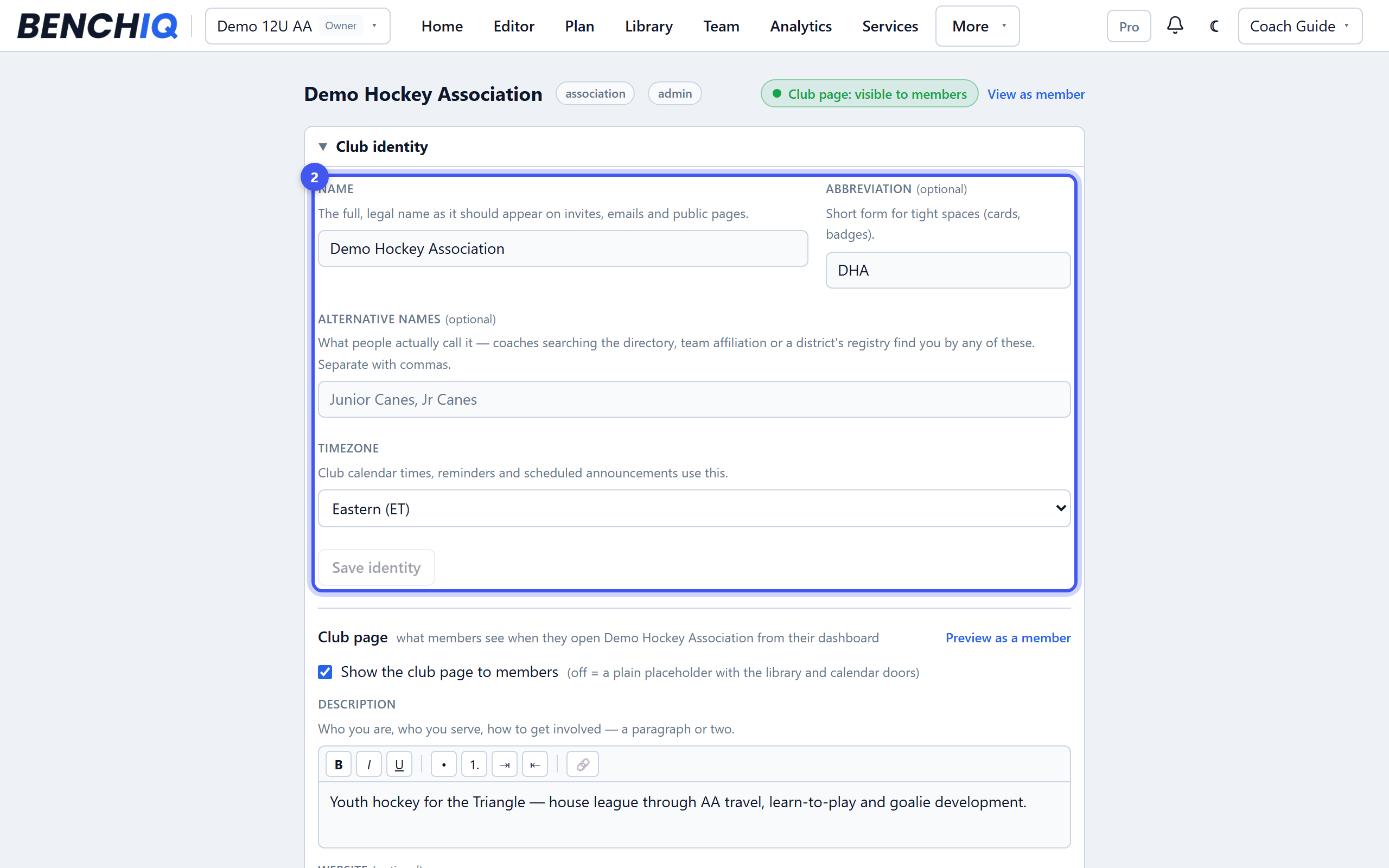 Set up your club identity — step 2: Name and address