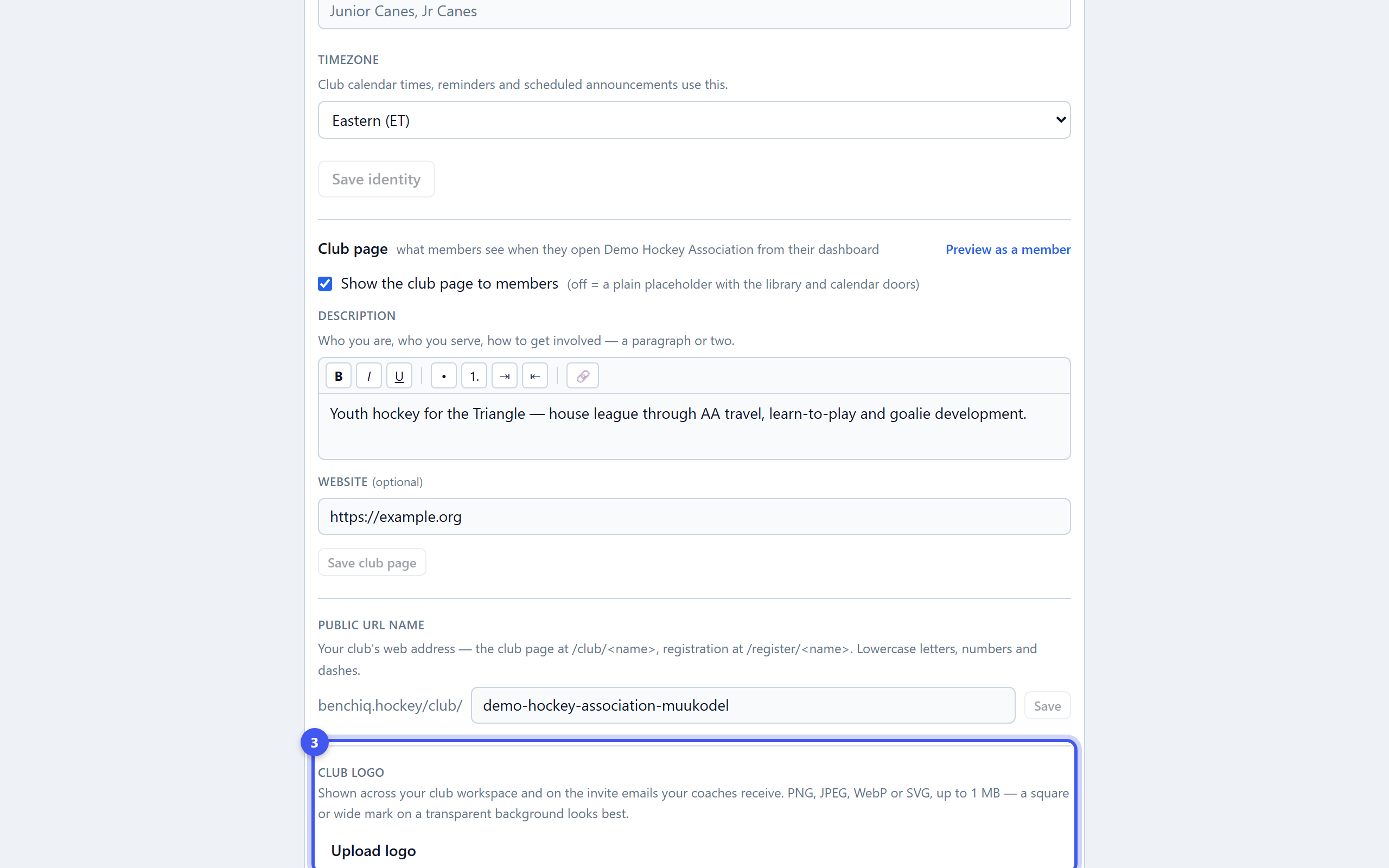 Set up your club identity — step 3: Upload the logo