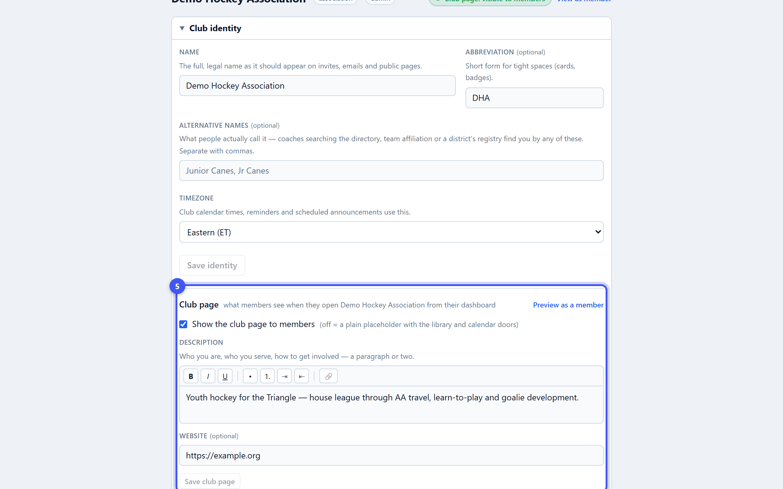 Set up your club identity — step 5: Switch on the club page