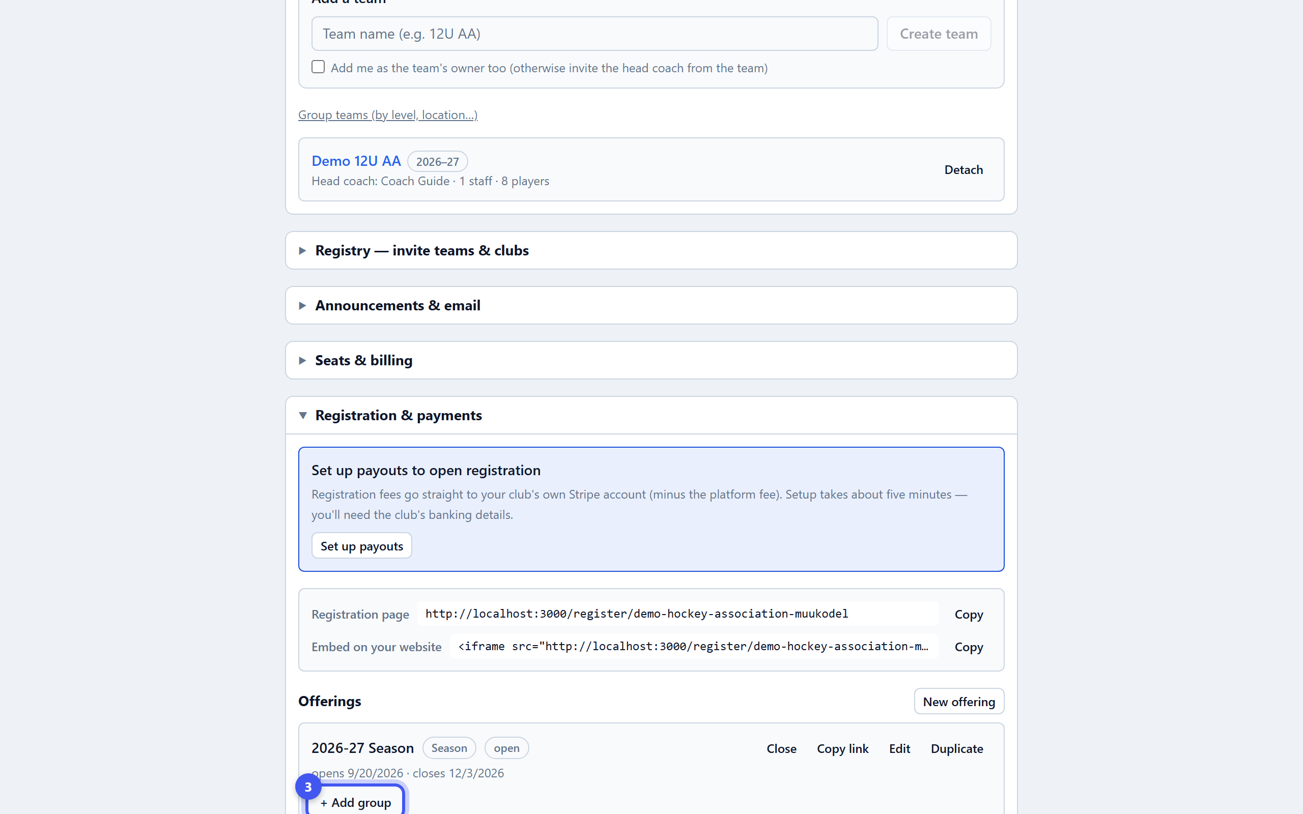 Create a registration — step 3: Add groups