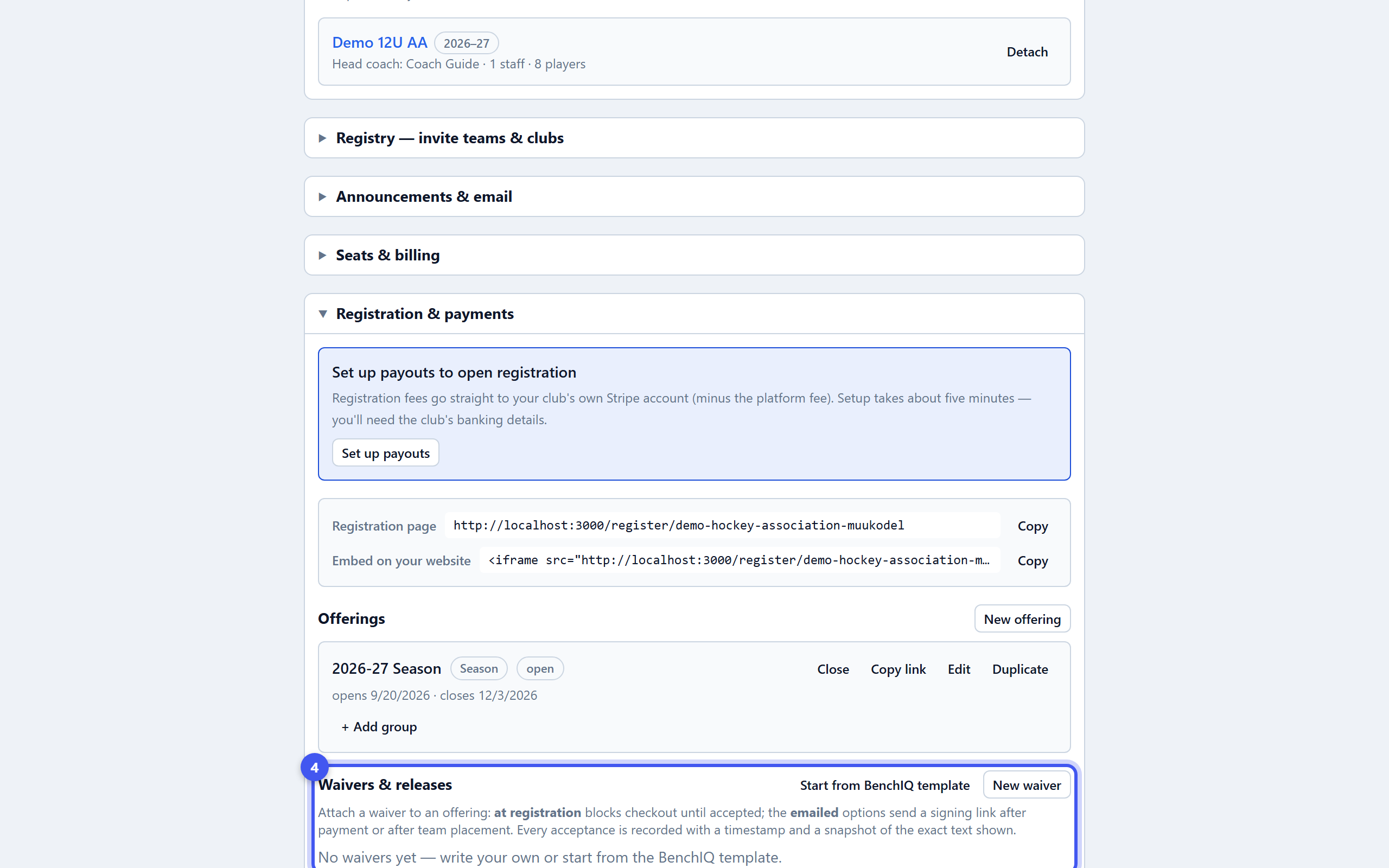 Create a registration — step 4: Attach waivers and codes