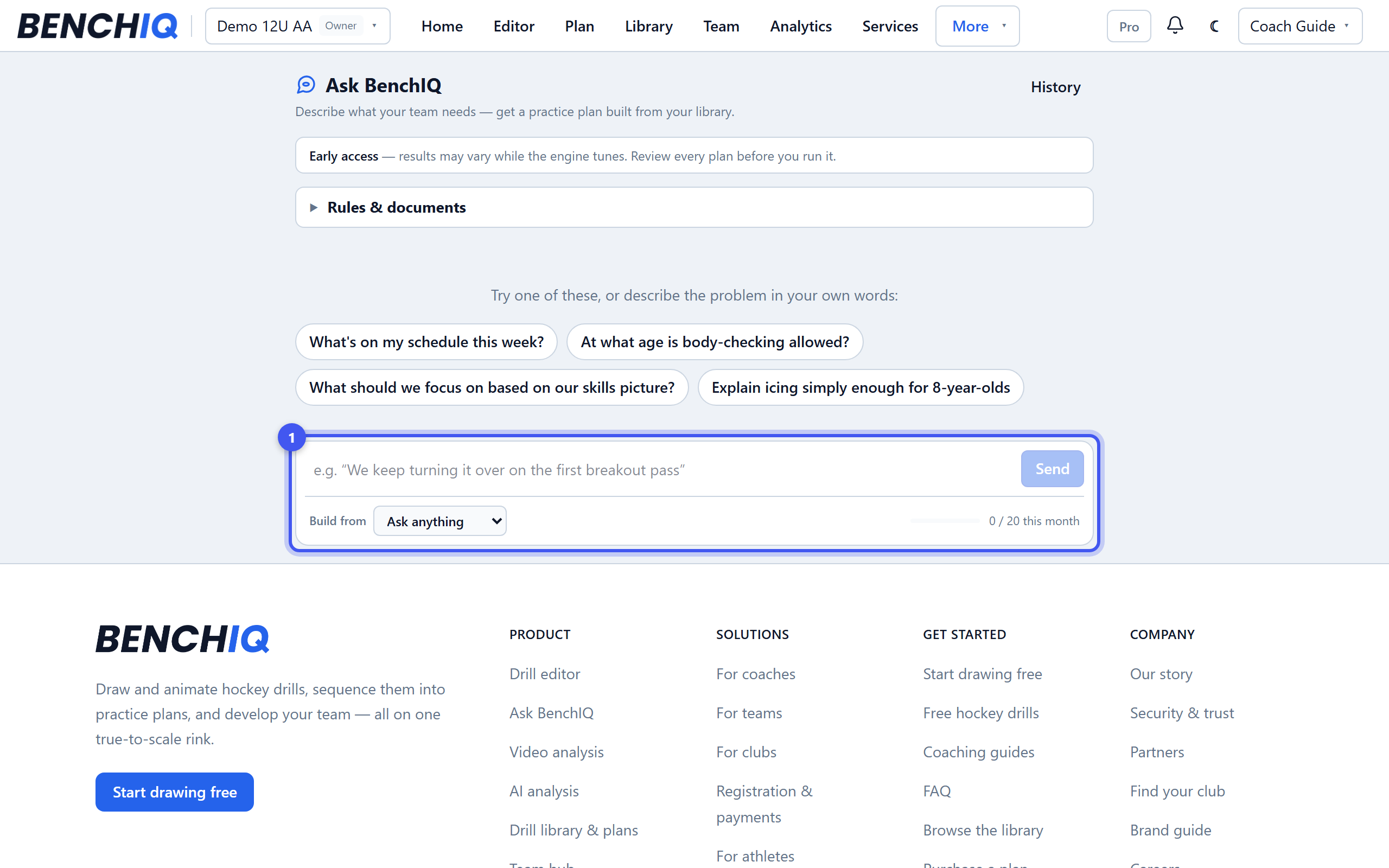 Ask BenchIQ to build a practice plan — step 1: Open Ask BenchIQ