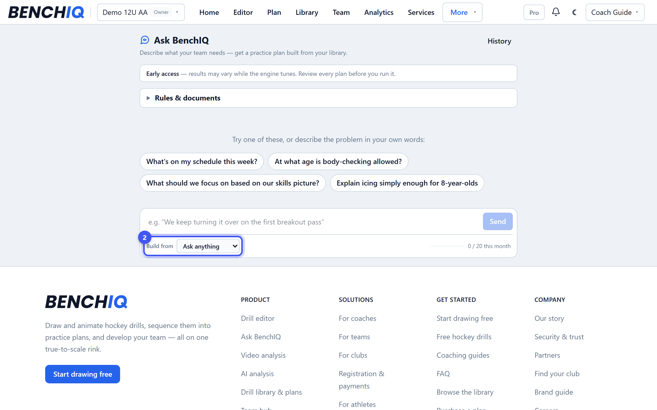 Ask BenchIQ to build a practice plan — step 2: Say what the team needs