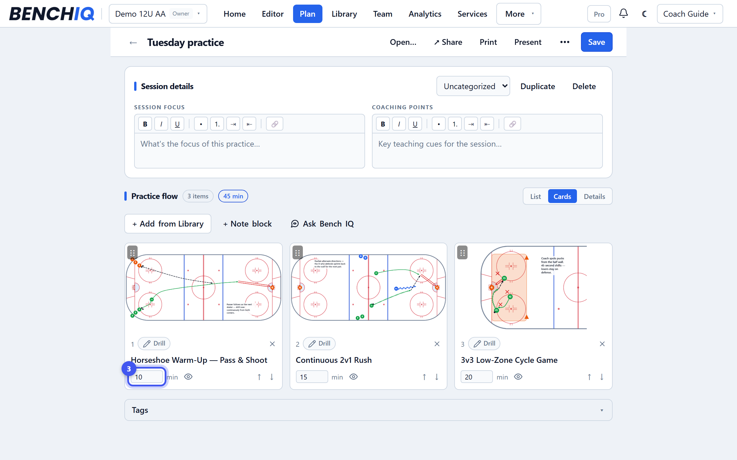 Plan your first practice — step 3: Set times and order