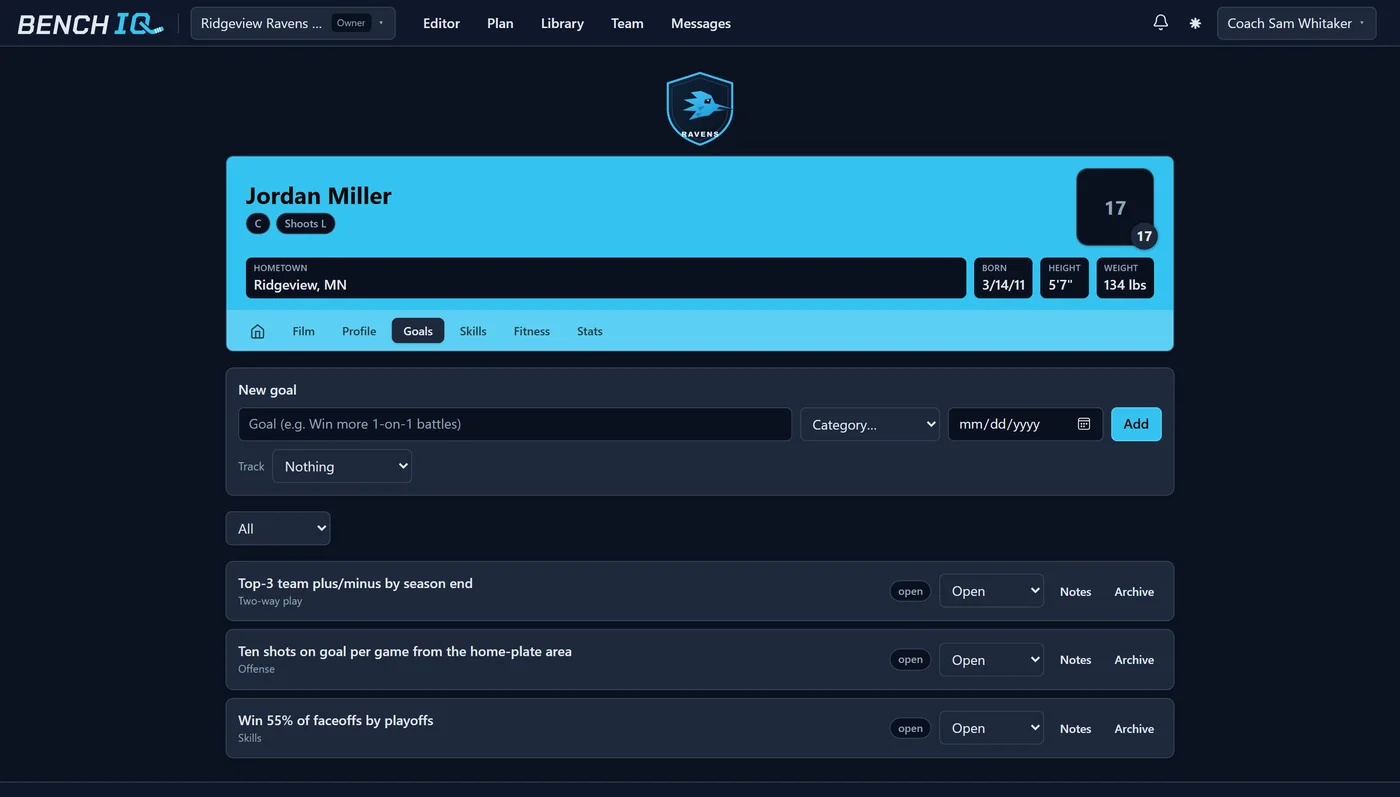 A BenchIQ athlete hub showing a player profile with season goals