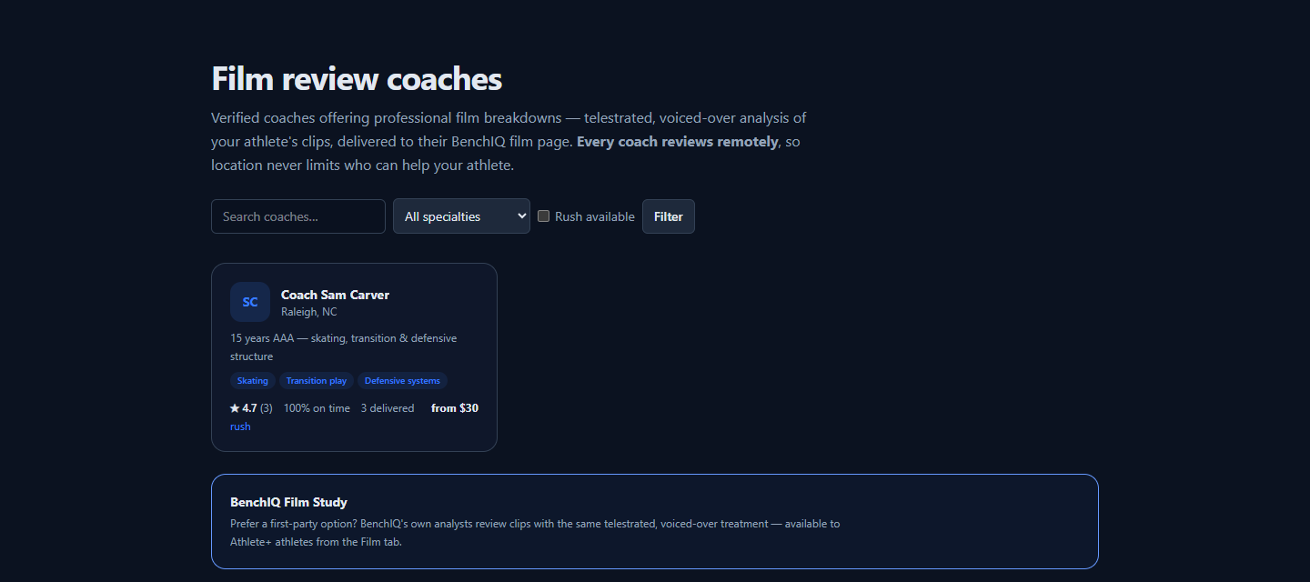 The BenchIQ coach directory: searchable cards with specialties, ratings, on-time stats and starting prices