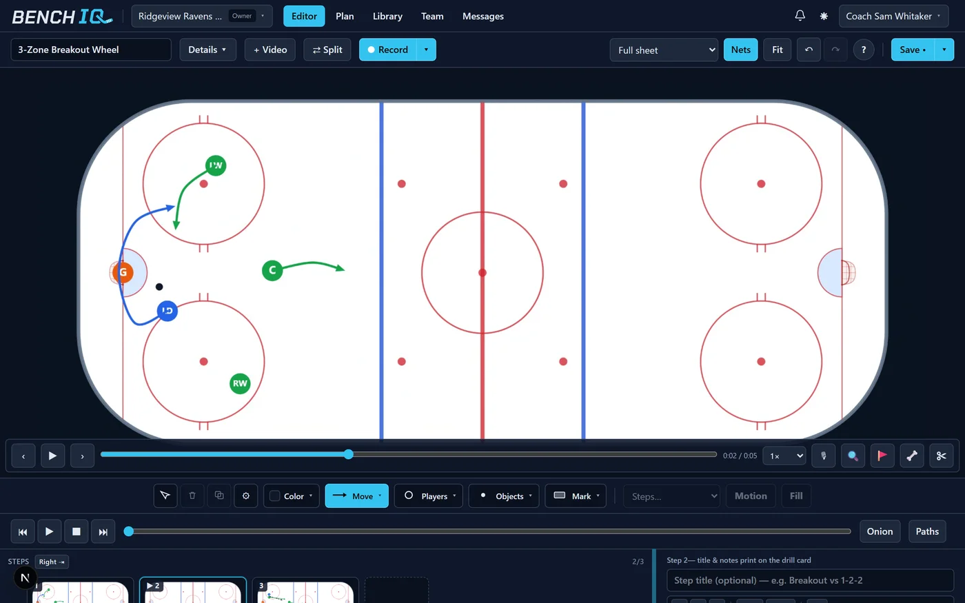 The BenchIQ film room: a recorded rink breakdown playing with the frame-accurate video toolbar