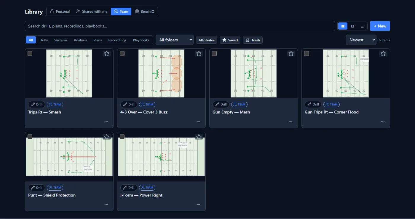 The Ridgeview Ravens' team playbook library — six plays with field-diagram thumbnails
