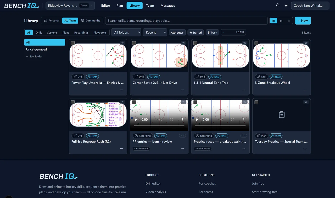 The BenchIQ team library: drills, recordings and practice plans with rink thumbnails and tags