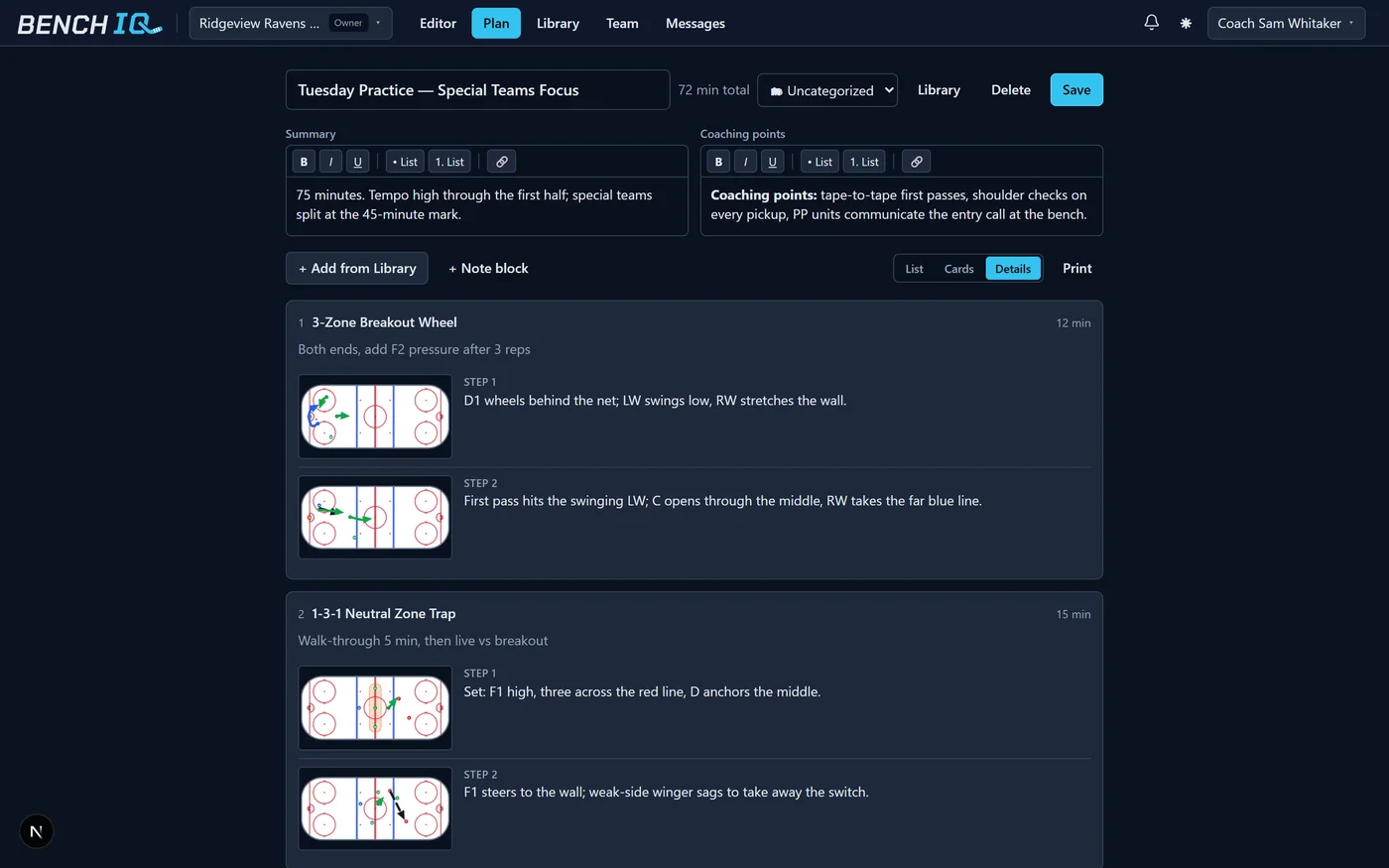 A BenchIQ practice plan with timed drills and step-by-step rink diagrams