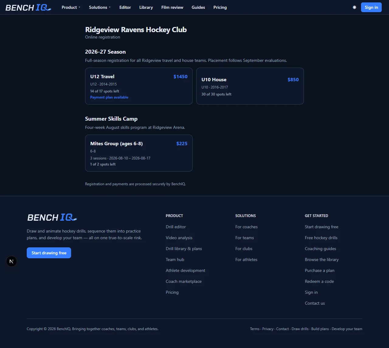 A club's public BenchIQ registration page with season and camp offerings, prices and spots remaining