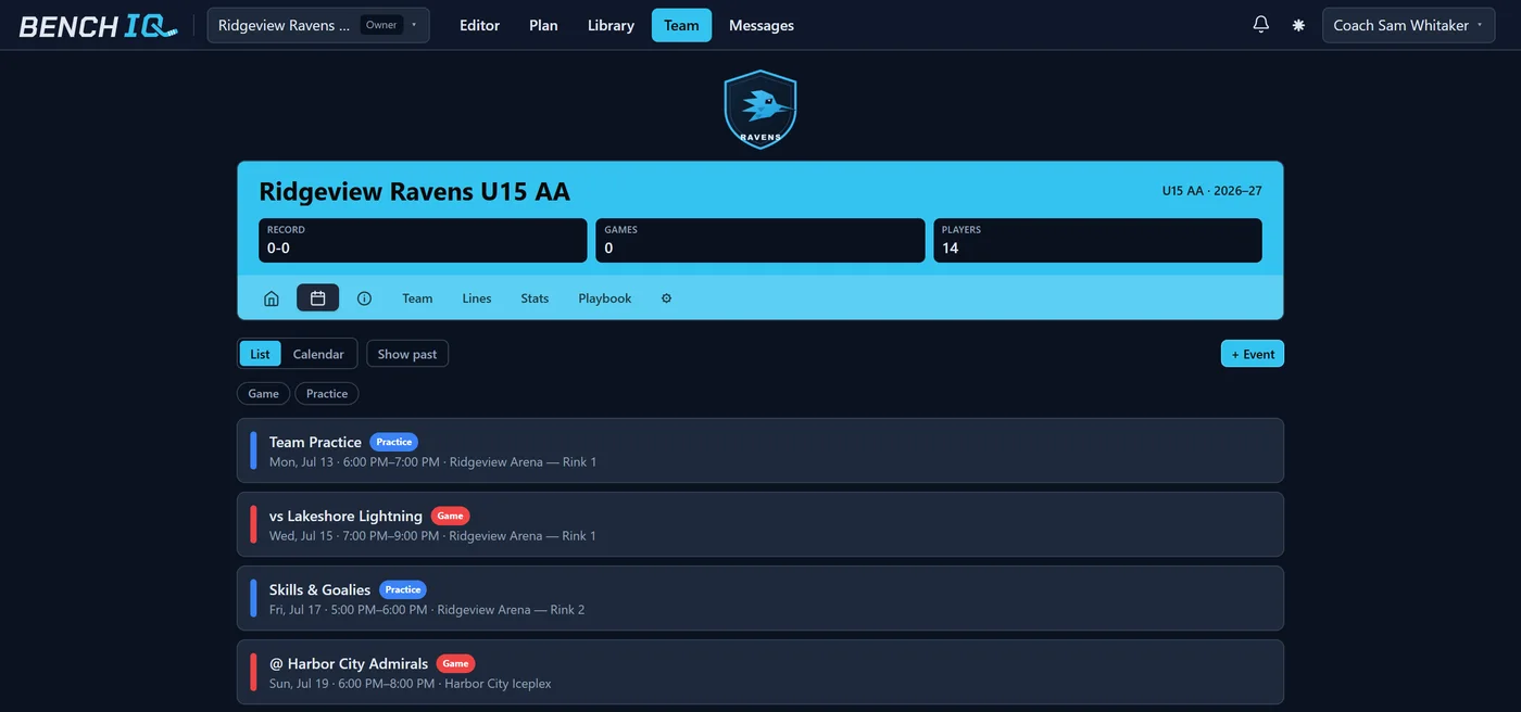 A BenchIQ team schedule listing games and practices with RSVP badges