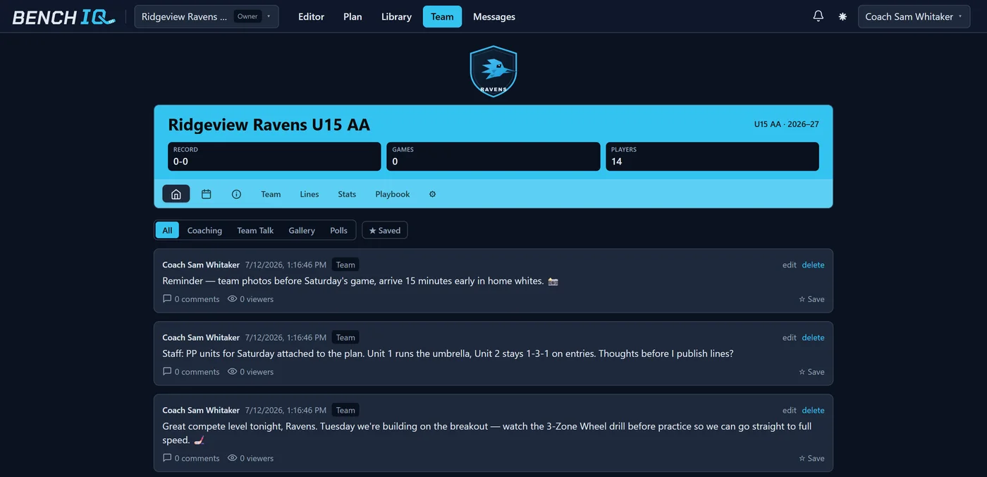 A BenchIQ team hub feed with coach posts, roster count and team navigation